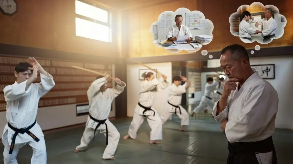 Kampfschulbetreiber denkt im Dojo über organisatorische Probleme und bessere Kampfschule Organisation nach.