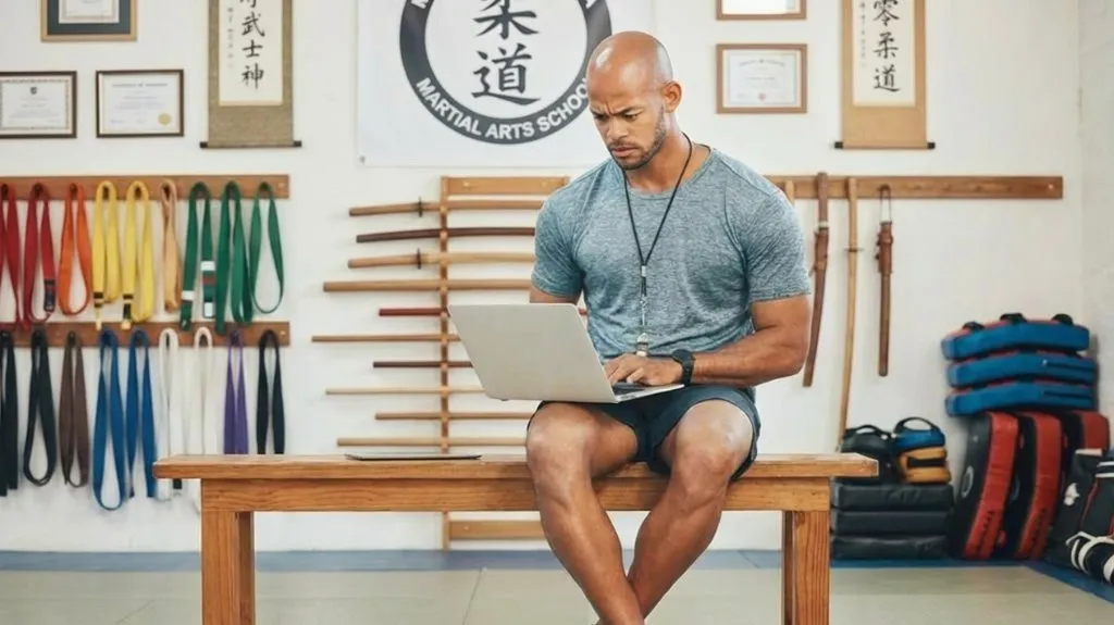 Trainer nutzt Laptop im Dojo zur digitalen Kampfschule Verwaltung und organisiert Mitglieder sowie administrative Abläufe.