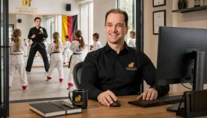 Kampfschule erfolgreich führen: Studioinhaber am Schreibtisch mit laufendem Kindertraining im Hintergrund