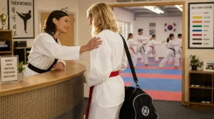 Trainerin stärkt Mitgliederbindung Kampfsportschule durch persönliche Begrüßung im Dojo