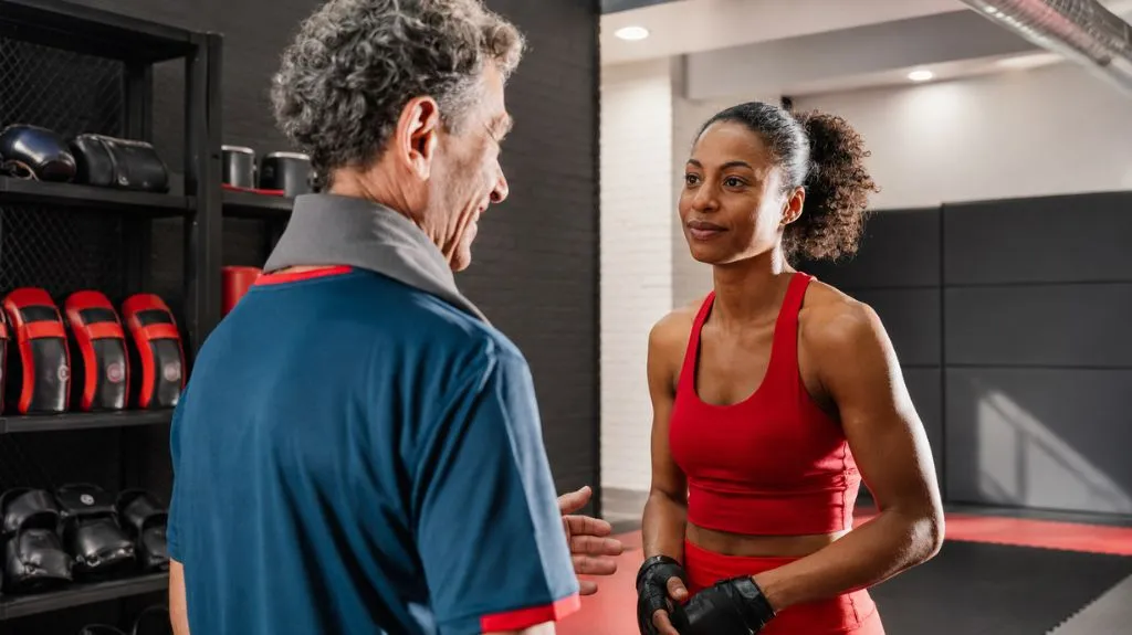 Trainer spricht mit Mitglied im Kampfsportstudio zur Mitgliederbindung Kampfsportschule